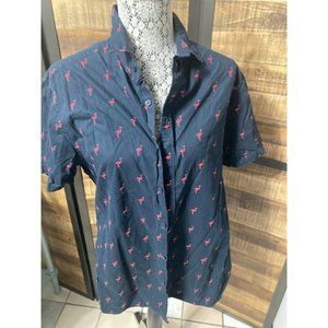 Cactus Man Large Slim Fit Hawaiian Top Navy Pink Flamingo Short Sleeve LVM119